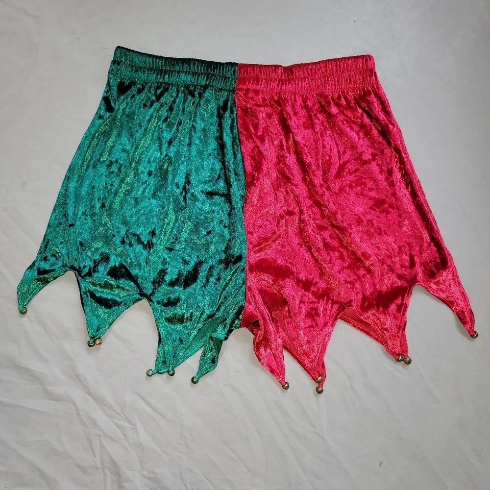 Mens medium red and green velvet Christmas theme shorts with bells